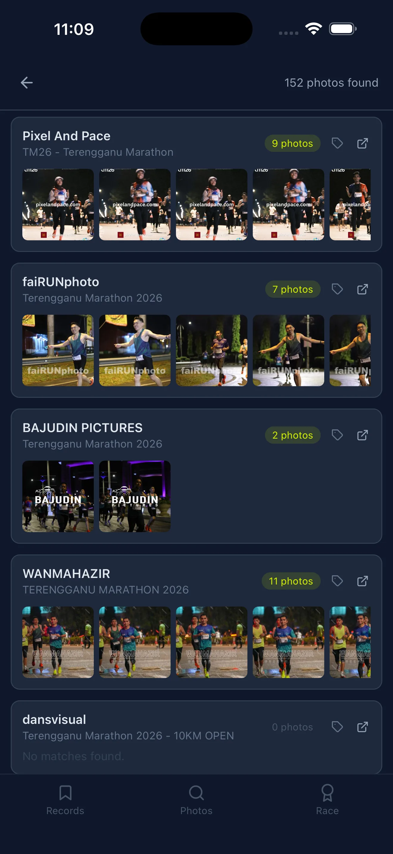 Photo search results screen