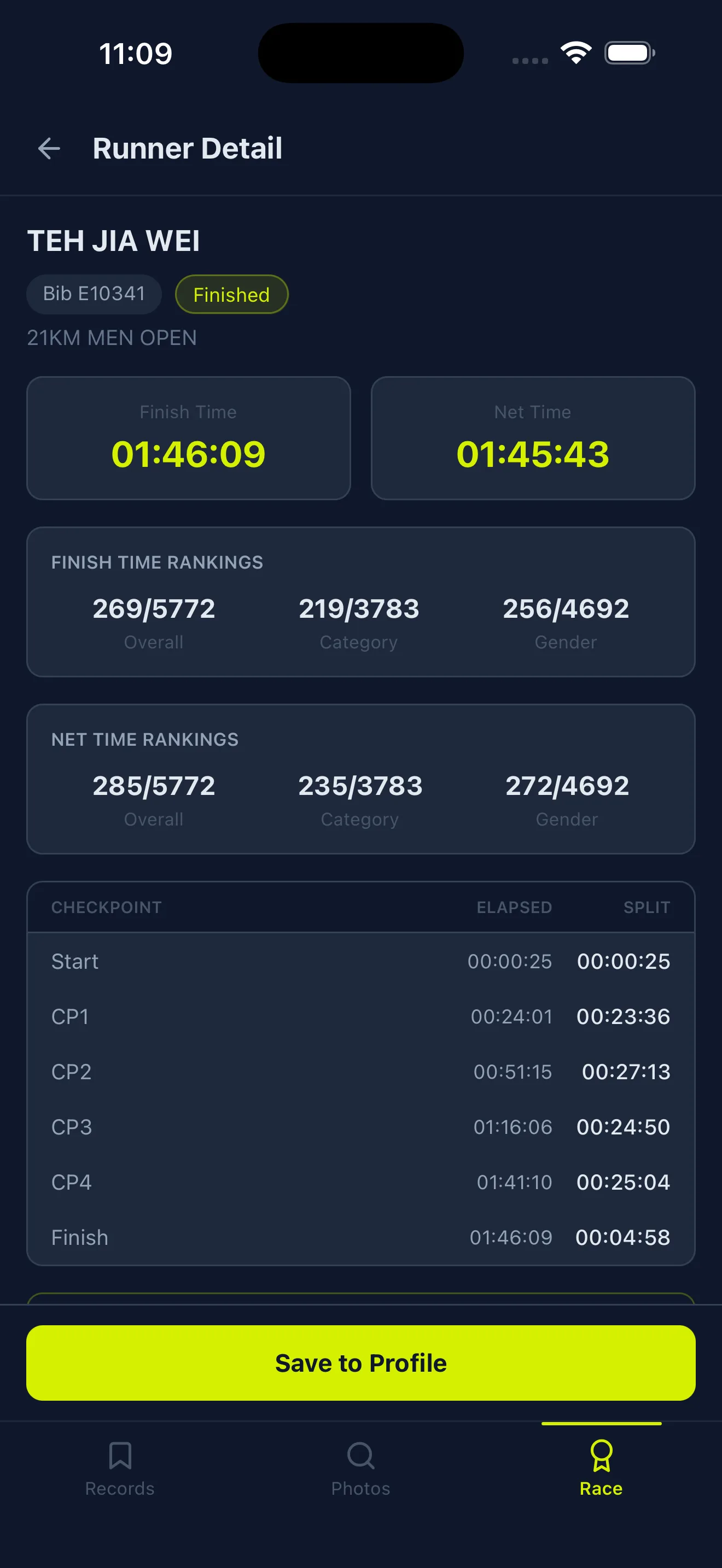 Race result screen